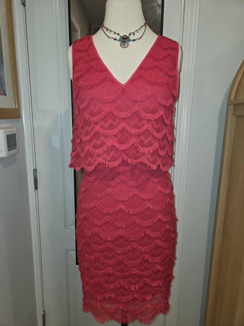 Guess Red Sleeveless Fringe Midi Dress